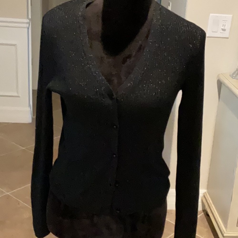 Ralph Ralph Lauren black shimmer button front knit top, black, size S